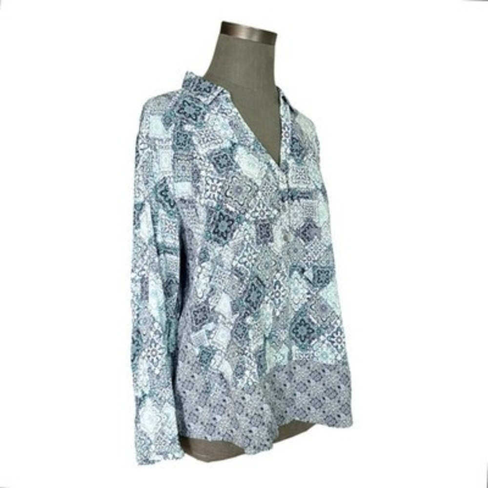 J. Jill Blue Medallion Print Popover Tunic Blouse Long Sleeve Rayon Sz L Petite - Picture 4 of 7